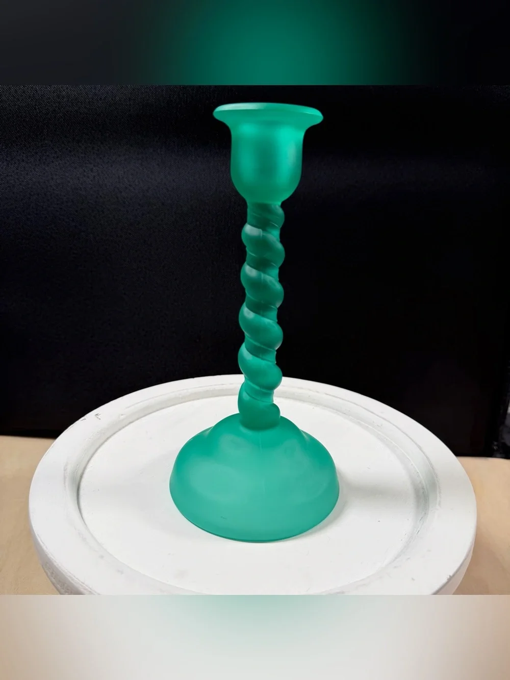 Vintage Tiffin Frosted Emerald Green/Blue Spiral Candlestick Holder 8 1/2” H